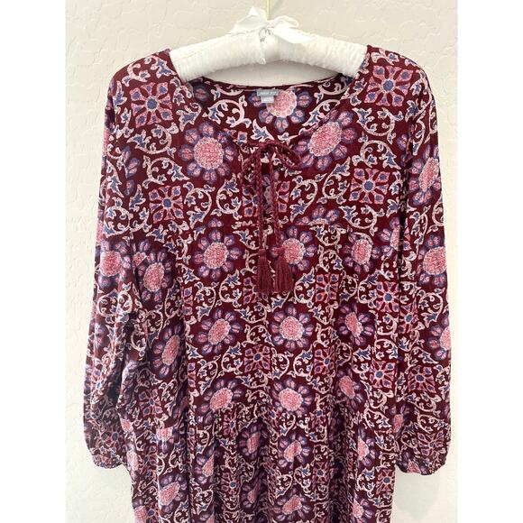 AERIE | Boho Floral Tiered Midi Dress Burgundy Pink Long Sleeve | XL - Picture 2 of 6